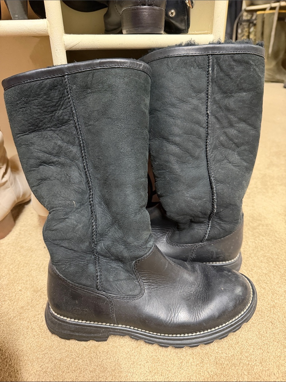 UGG Black Leather & Suede Mid-Calf Women's Winter Boots